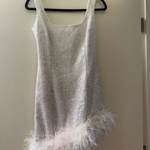 NADINE MERABI Ivory Sequin & Feather Mini Dress